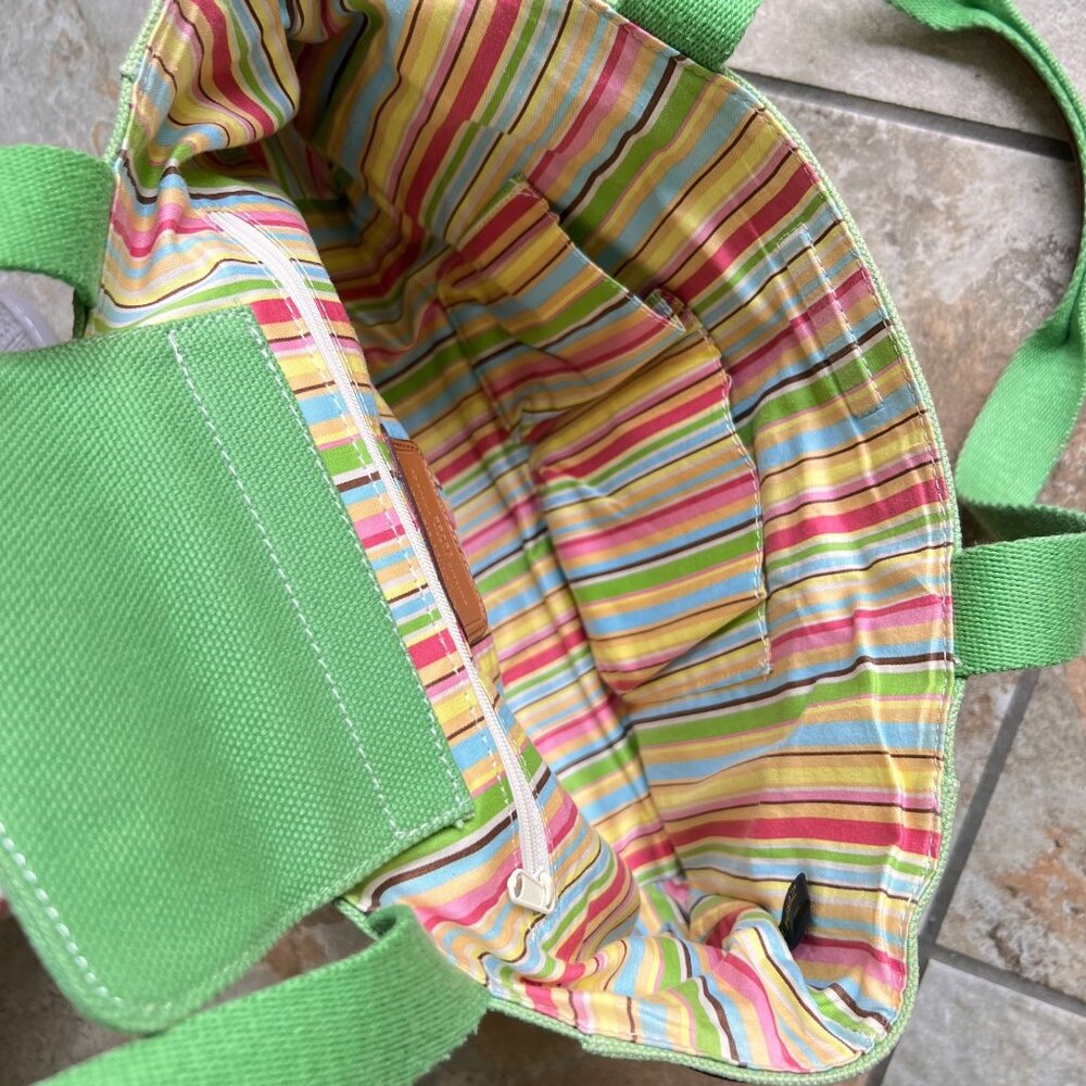 Fossil Mint Green Canvas Tote Bag Brown Leather Accents Key Striped Lining 75082 - Picture 11 of 15